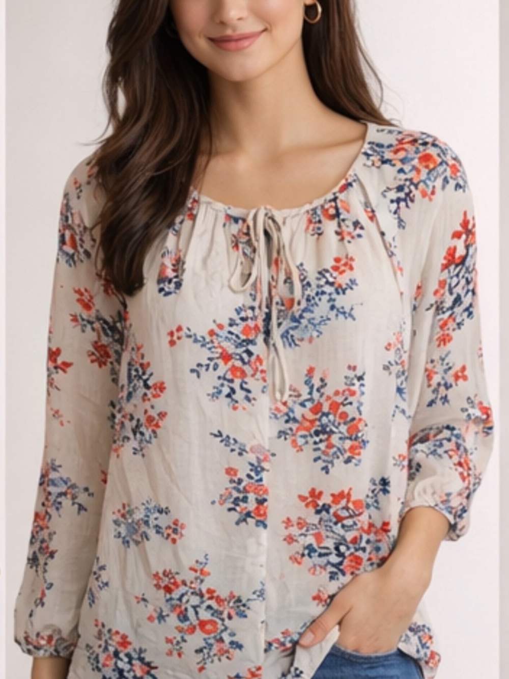 Lucky Brand Boho Tunic Cream Floral Tie Peasant Blouse Coral & Navy Excellent